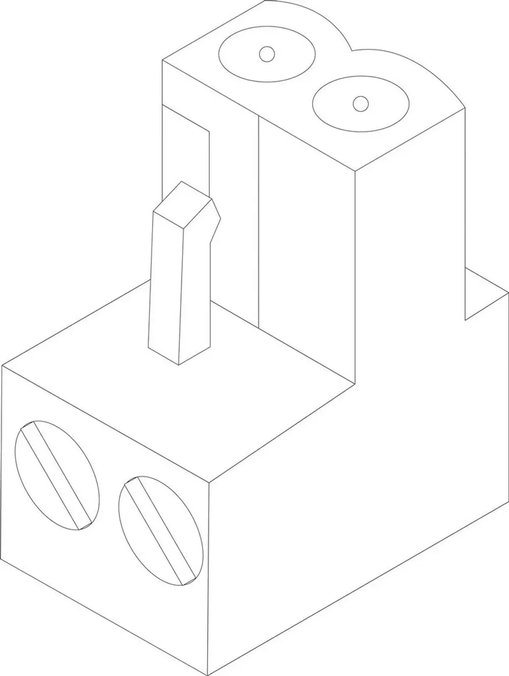 Bosch Anschlussklemmenblock mit zwei runden Öffnungen und einer vertikalen Verbindung. Das Gehäuse hat eine rechteckige Form mit seitlichen Einschraublöchern.